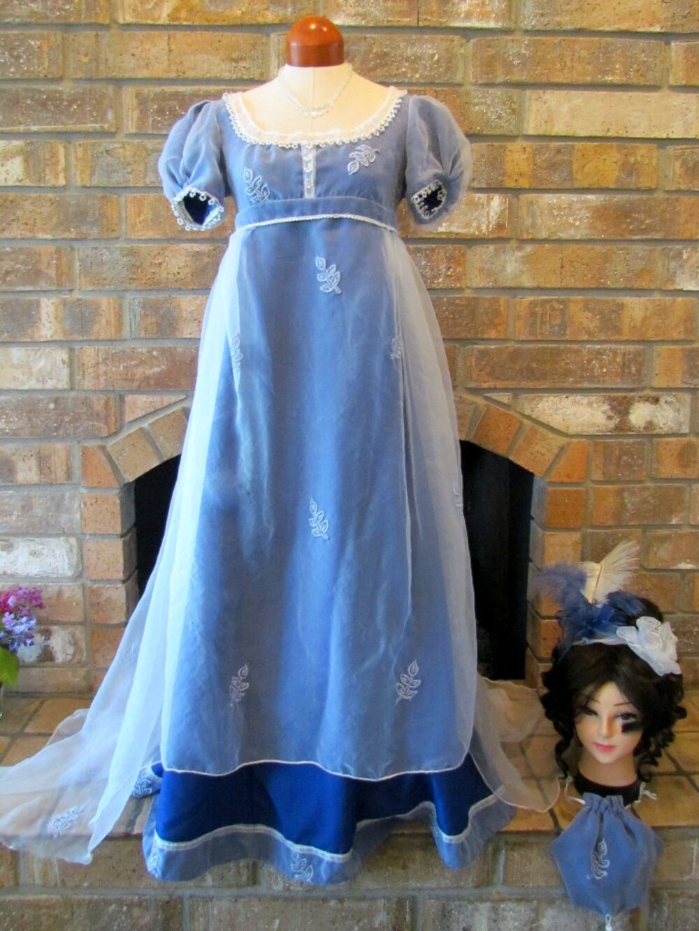REGENCY BALL GOWN, S-M, BLUE w GOSSAMER OVERSKIRT, HEADPIECE, RETICULE HAND MADE